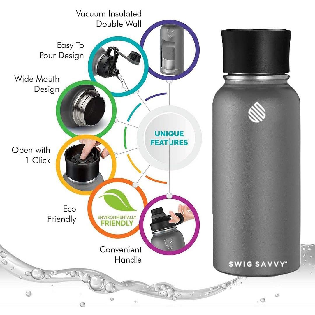 Swig Savvy Sports Water Bottle - 30oz, Vacuum Insulated Stainless Steel, Double Wall, Wide Mouth, 2 Leakproof Lids, Travel Thermos