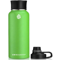 Swig Savvy Sports Water Bottle - 30oz, Vacuum Insulated Stainless Steel, Double Wall, Wide Mouth, 2 Leakproof Lids, Travel Thermos
