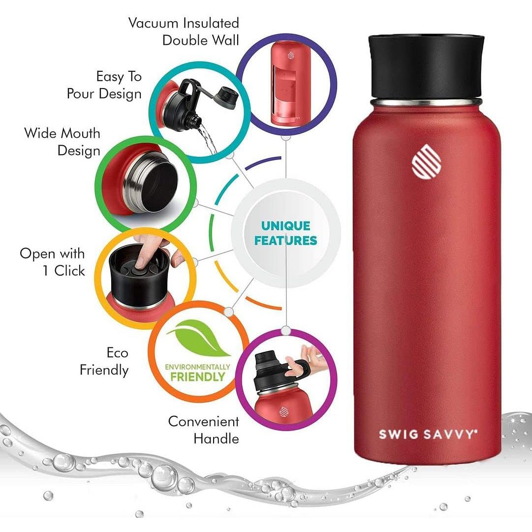 Swig Savvy Sports Water Bottle - 30oz, Vacuum Insulated Stainless Steel, Double Wall, Wide Mouth, 2 Leakproof Lids, Travel Thermos