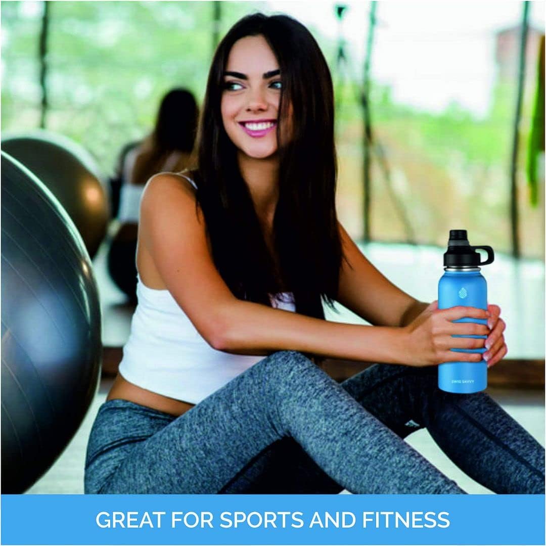 Swig Savvy Sports Water Bottle - 30oz, Vacuum Insulated Stainless Steel, Double Wall, Wide Mouth, 2 Leakproof Lids, Travel Thermos