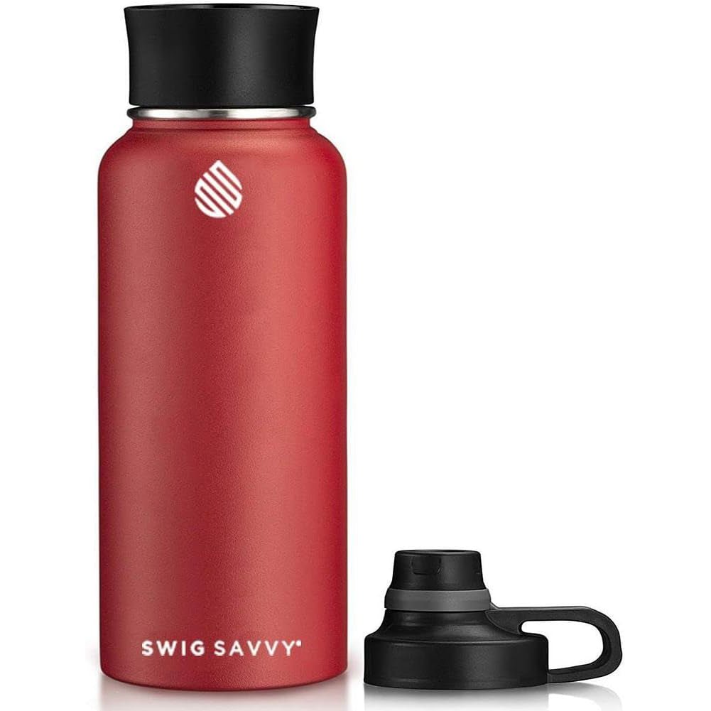 Swig Savvy Sports Water Bottle - 30oz, Vacuum Insulated Stainless Steel, Double Wall, Wide Mouth, 2 Leakproof Lids, Travel Thermos