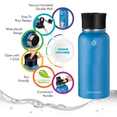 Swig Savvy Sports Water Bottle - 30oz, Vacuum Insulated Stainless Steel, Double Wall, Wide Mouth, 2 Leakproof Lids, Travel Thermos