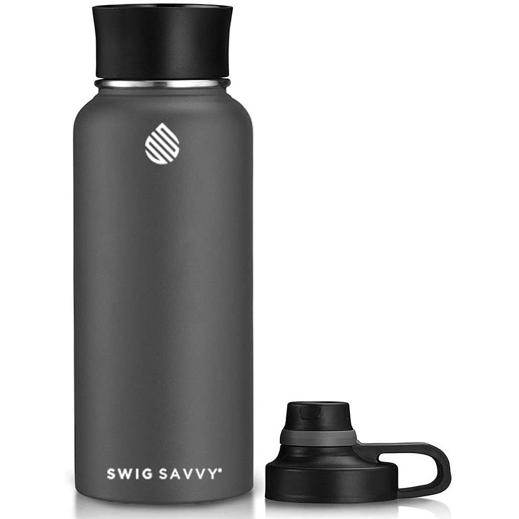 Swig Savvy Sports Water Bottle - 30oz, Vacuum Insulated Stainless Steel, Double Wall, Wide Mouth, 2 Leakproof Lids, Travel Thermos