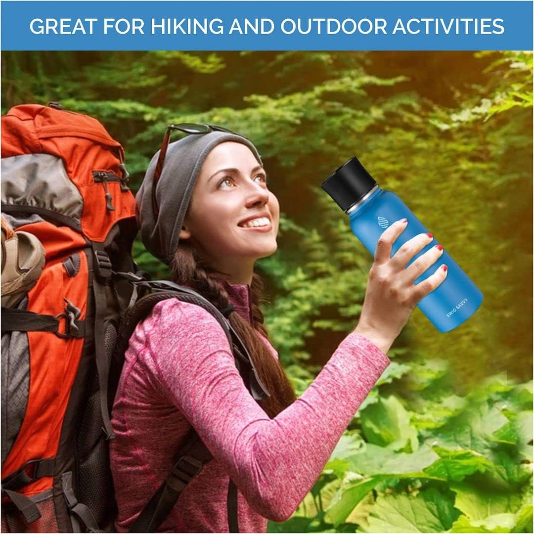 Swig Savvy Sports Water Bottle - 30oz, Vacuum Insulated Stainless Steel, Double Wall, Wide Mouth, 2 Leakproof Lids, Travel Thermos