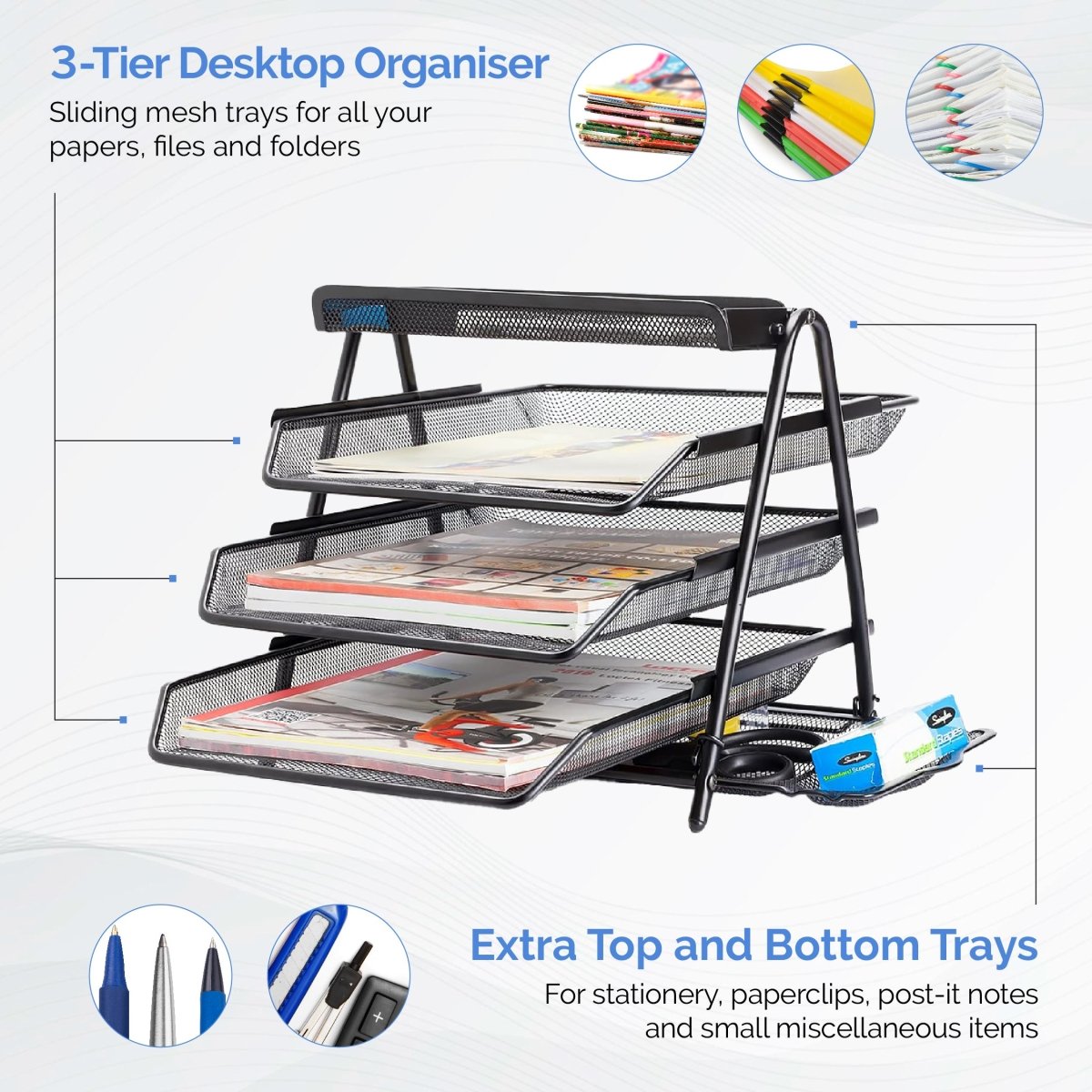 Sliding Notes Storage 3-Tier Mesh Desk Organizer with Sliding Trays for Office Supplies and ...