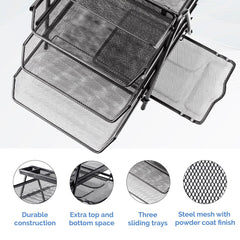 3-Tier Mesh Desk Organizer with Sliding Trays for Office Supplies and File Storage - Black