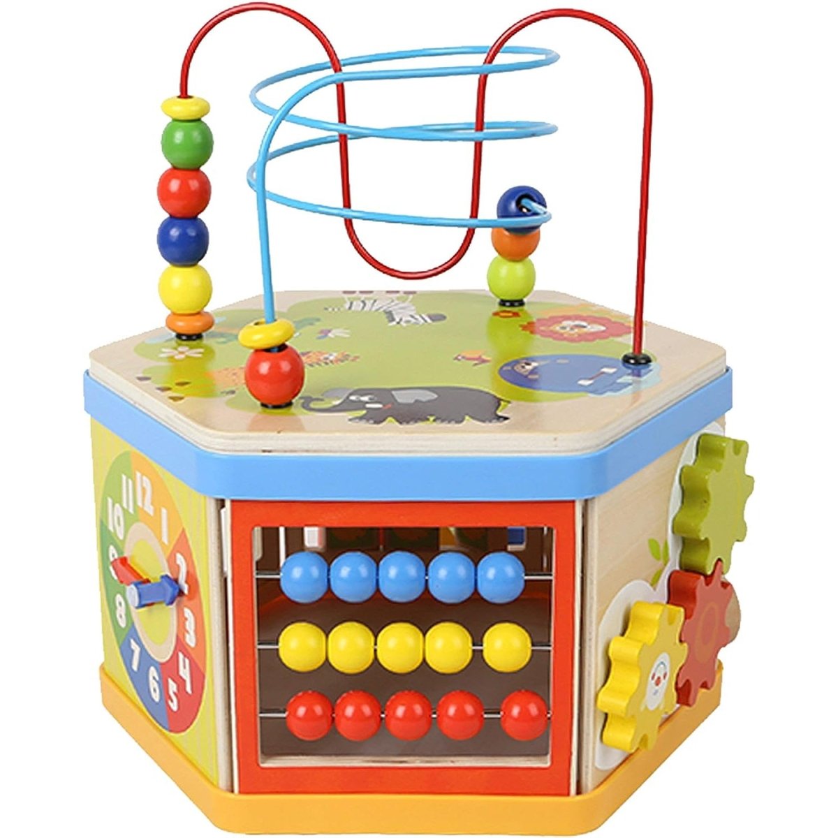 7-in-1 Wooden Activity Cube Educational Baby Toy Gift for Toddlers - Shape Sorting, Bead Mazes, Counting, Time Telling, and More!
