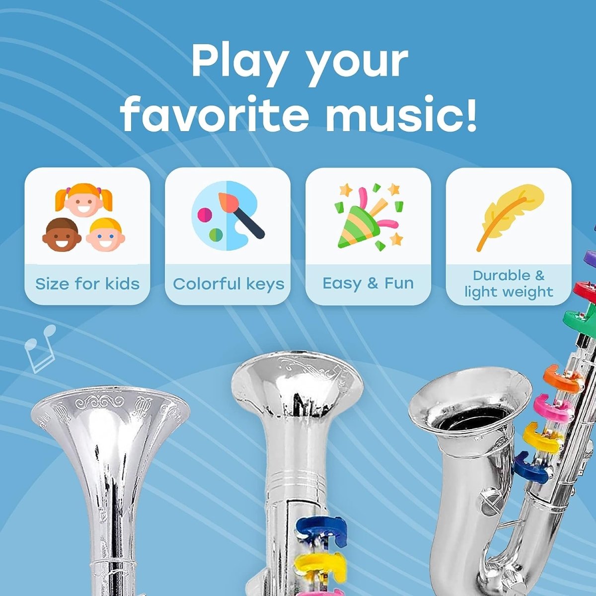 Beginner's Musical Wind Instruments Set for Kids - Clarinet, Saxophone, Trumpet - 3-Piece Combo with Color-Coded Keys and Teaching Songs