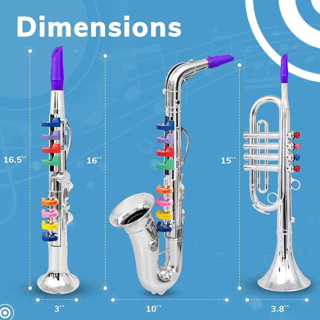 Beginner's Musical Wind Instruments Set for Kids - Clarinet, Saxophone, Trumpet - 3-Piece Combo with Color-Coded Keys and Teaching Songs