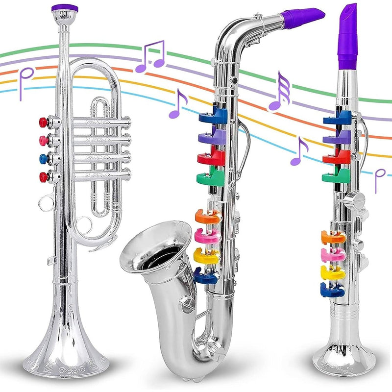 Beginner's Musical Wind Instruments Set for Kids - Clarinet, Saxophone, Trumpet - 3-Piece Combo with Color-Coded Keys and Teaching Songs