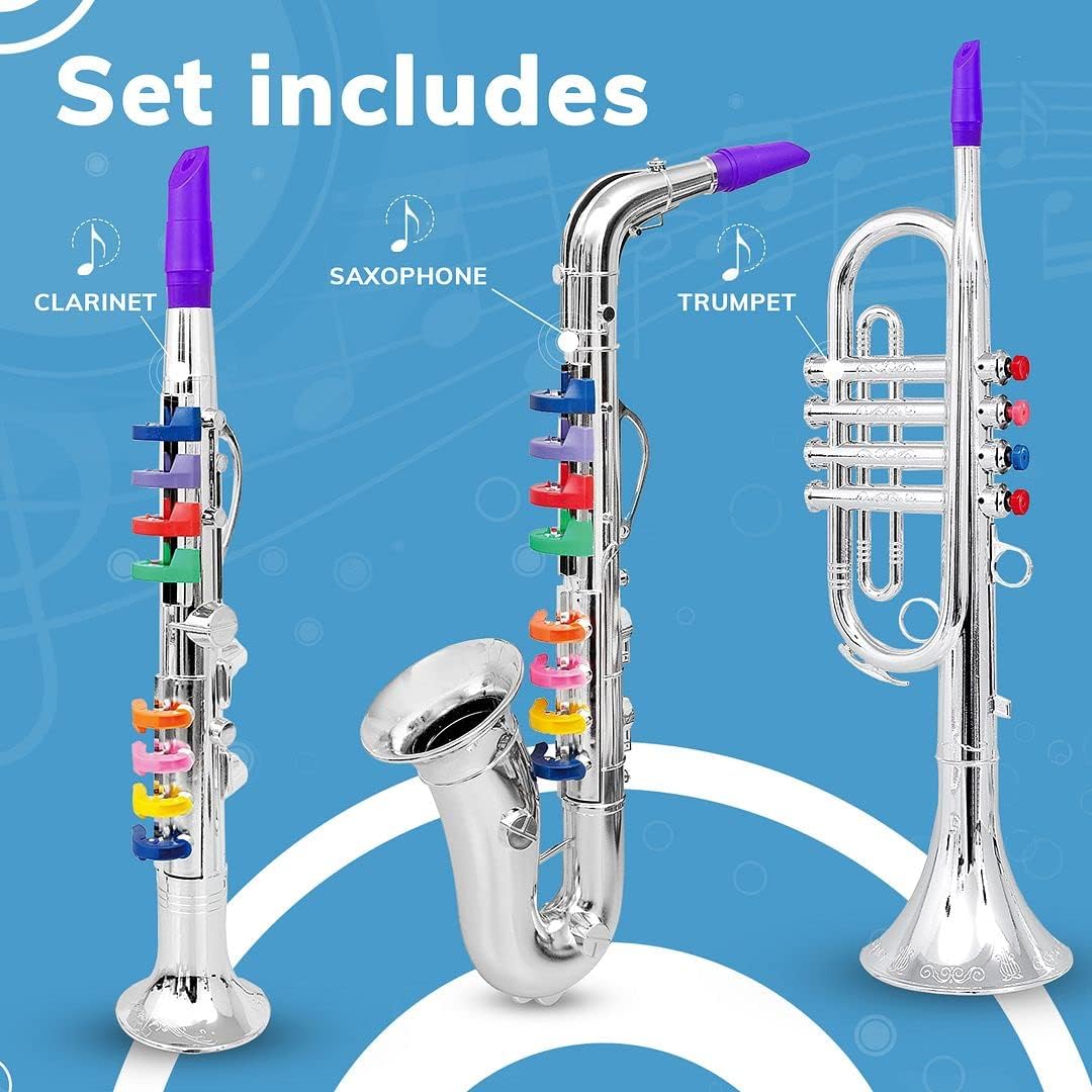 Beginner's Musical Wind Instruments Set for Kids - Clarinet, Saxophone, Trumpet - 3-Piece Combo with Color-Coded Keys and Teaching Songs