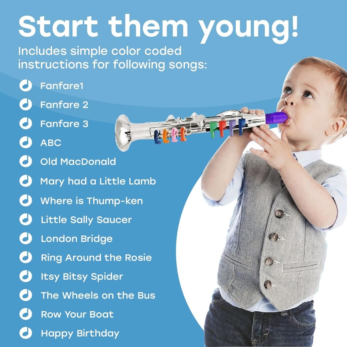 Beginner's Musical Wind Instruments Set for Kids - Clarinet, Saxophone, Trumpet - 3-Piece Combo with Color-Coded Keys and Teaching Songs