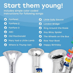 Beginner's Musical Wind Instruments Set for Kids - Clarinet, Saxophone, Trumpet - 3-Piece Combo with Color-Coded Keys and Teaching Songs