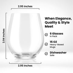 Chef's Star Stemless Wine Glasses - 15 oz Clear Glass Tumblers for Cocktails, Red Wine, and Scotch - Elegant, Stable Design for Homes and Bars