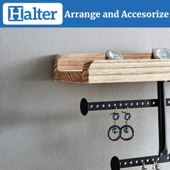 Halter Wall Mounted Hanging Wood and Metal Jewelry Organizer with Wooden Shelf Ledge Rings Display Holder Jewelry Storage Rustic Shelf for Storage
