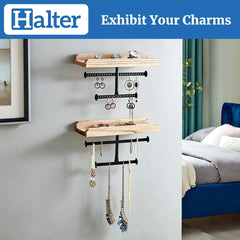 Halter Wall Mounted Hanging Wood and Metal Jewelry Organizer with Wooden Shelf Ledge Rings Display Holder Jewelry Storage Rustic Shelf for Storage