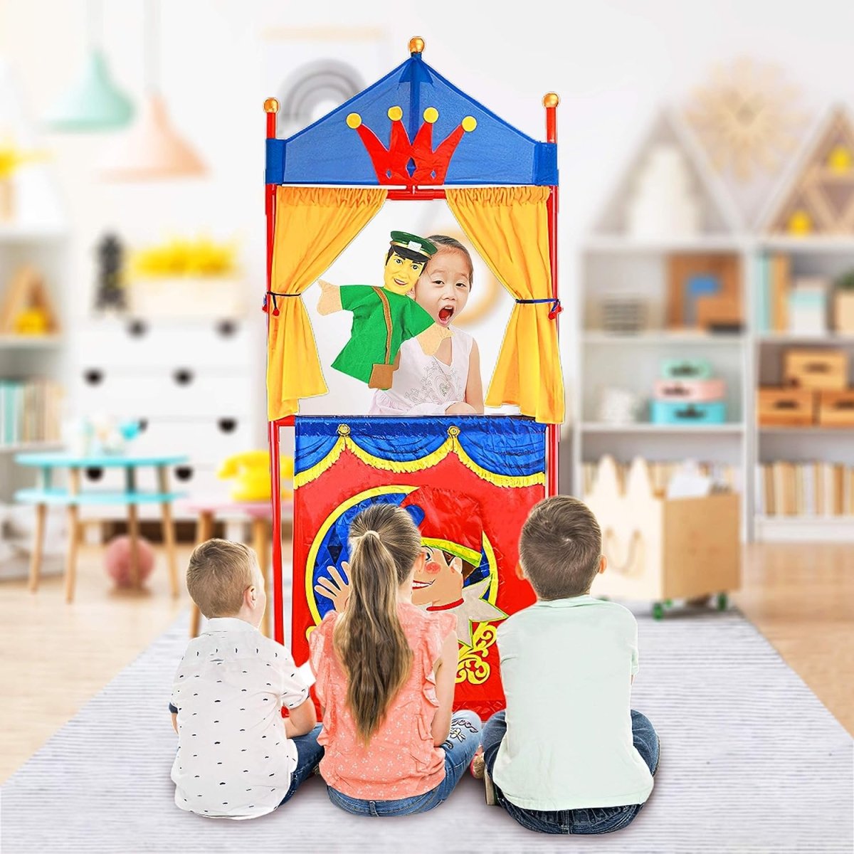 IQ Toys Deluxe Puppet Theater - Sturdy, Foldable, and Colorful Puppet Show Stage for Kids