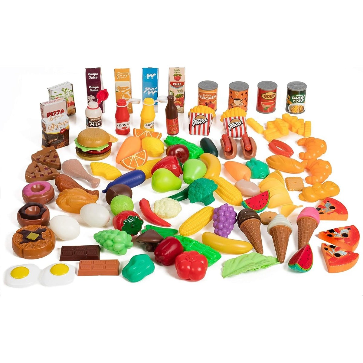 Play Food Set for Kids Kitchen - 120-Piece Pretend Toddler Play Food Assortment with Fruits, Vegetables, Cooked Items, and Accessories