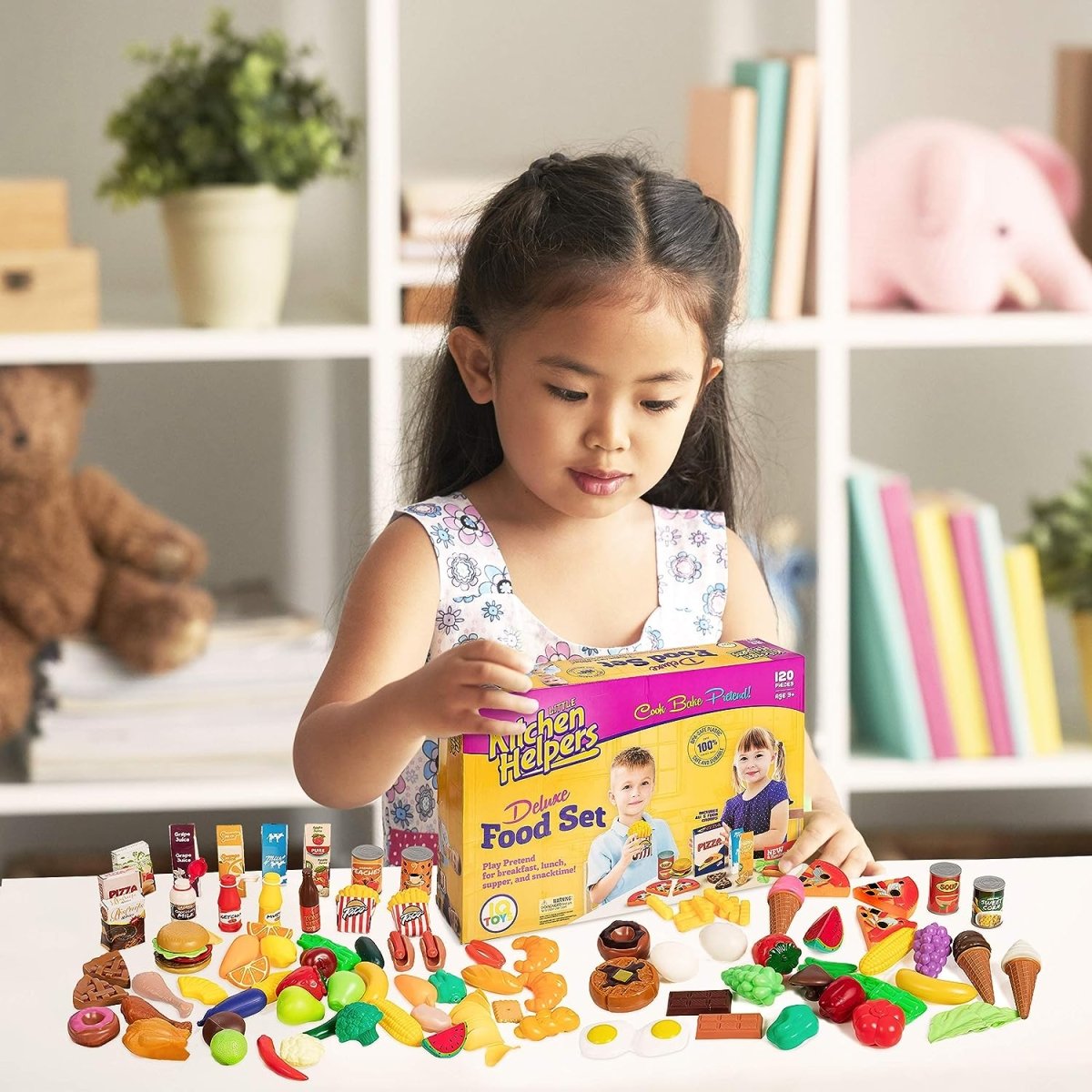 Play Food Set for Kids Kitchen - 120-Piece Pretend Toddler Play Food Assortment with Fruits, Vegetables, Cooked Items, and Accessories