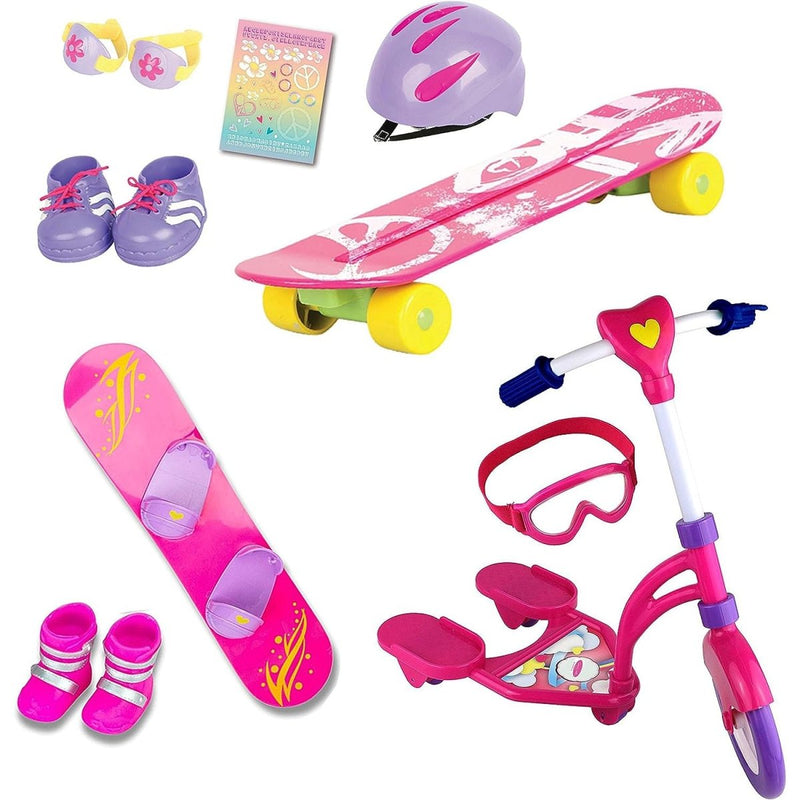 Premium 18 Inch Doll Outdoor Sports Play Set - Winter & Summer Fun with Skateboard, Snowboard, Scooter, and Accessories for 18 Inch Dolls