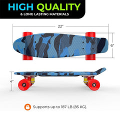 Premium 22-Inch High Bounce Skateboard - Ultimate Retro Mini Cruiser for Kids of All Ages, with ABEC 7 Bearings and PU Wheels