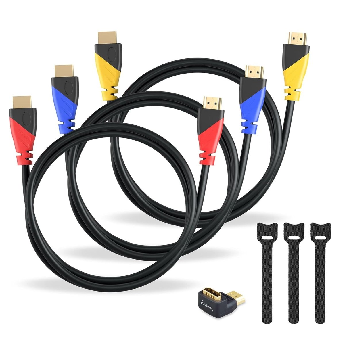 Premium 4K HDMI Cable Bundle - 3 Color-Coded Cables with 90° Adapter and Cable Organizers