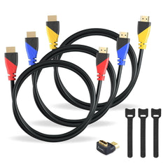 Premium 4K HDMI Cable Bundle - 3 Color-Coded Cables with 90° Adapter and Cable Organizers