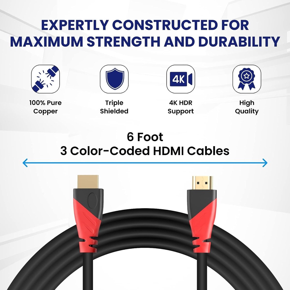 Premium 4K HDMI Cable Bundle - 3 Color-Coded Cables with 90° Adapter and Cable Organizers