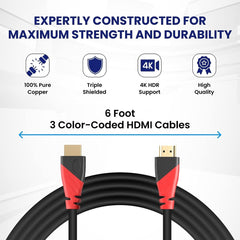 Premium 4K HDMI Cable Bundle - 3 Color-Coded Cables with 90° Adapter and Cable Organizers