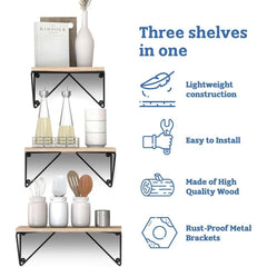 Rustic Wooden Wall Shelves for Home Decor and Organization - Set of 3