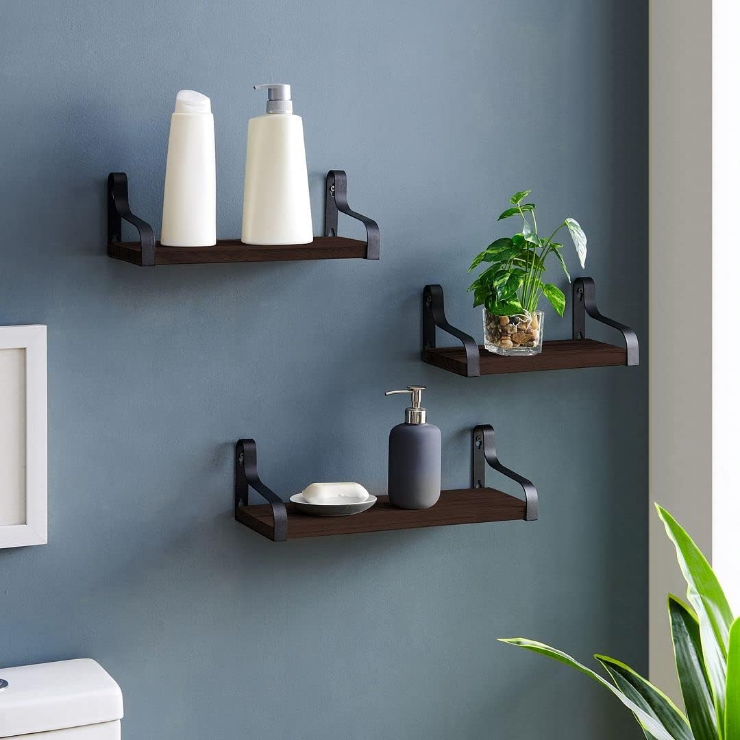 Rustic Wooden Wall Shelves for Home Decor and Organization - Set of 3
