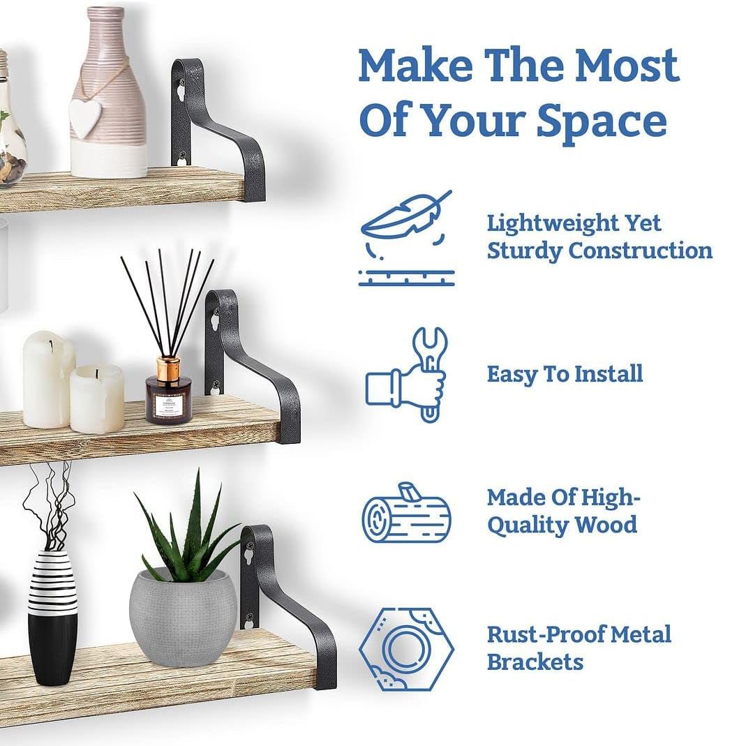 Rustic Wooden Wall Shelves for Home Decor and Organization - Set of 3