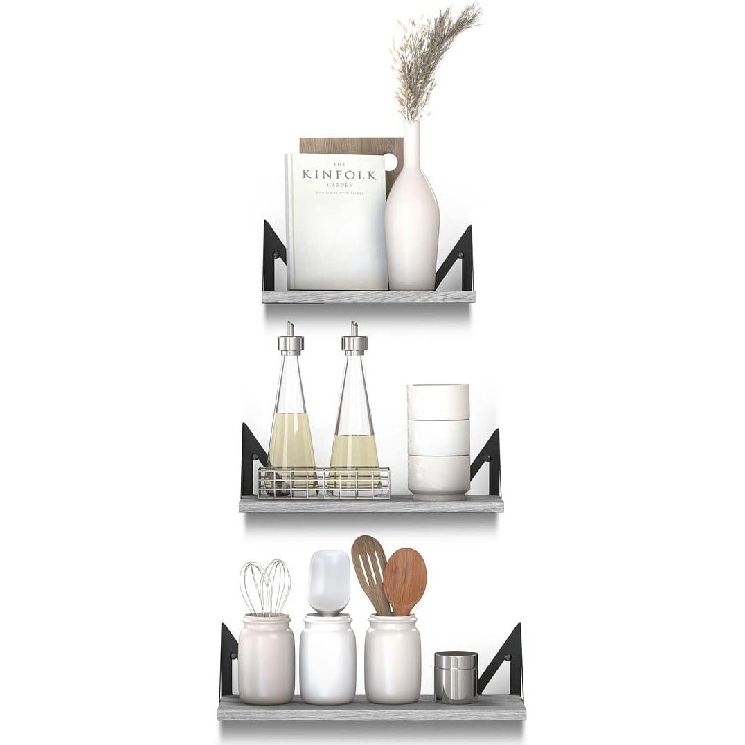 Rustic Wooden Wall Shelves for Home Decor and Organization - Set of 3
