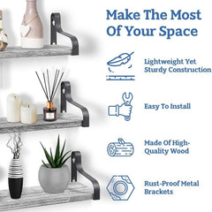 Rustic Wooden Wall Shelves for Home Decor and Organization - Set of 3