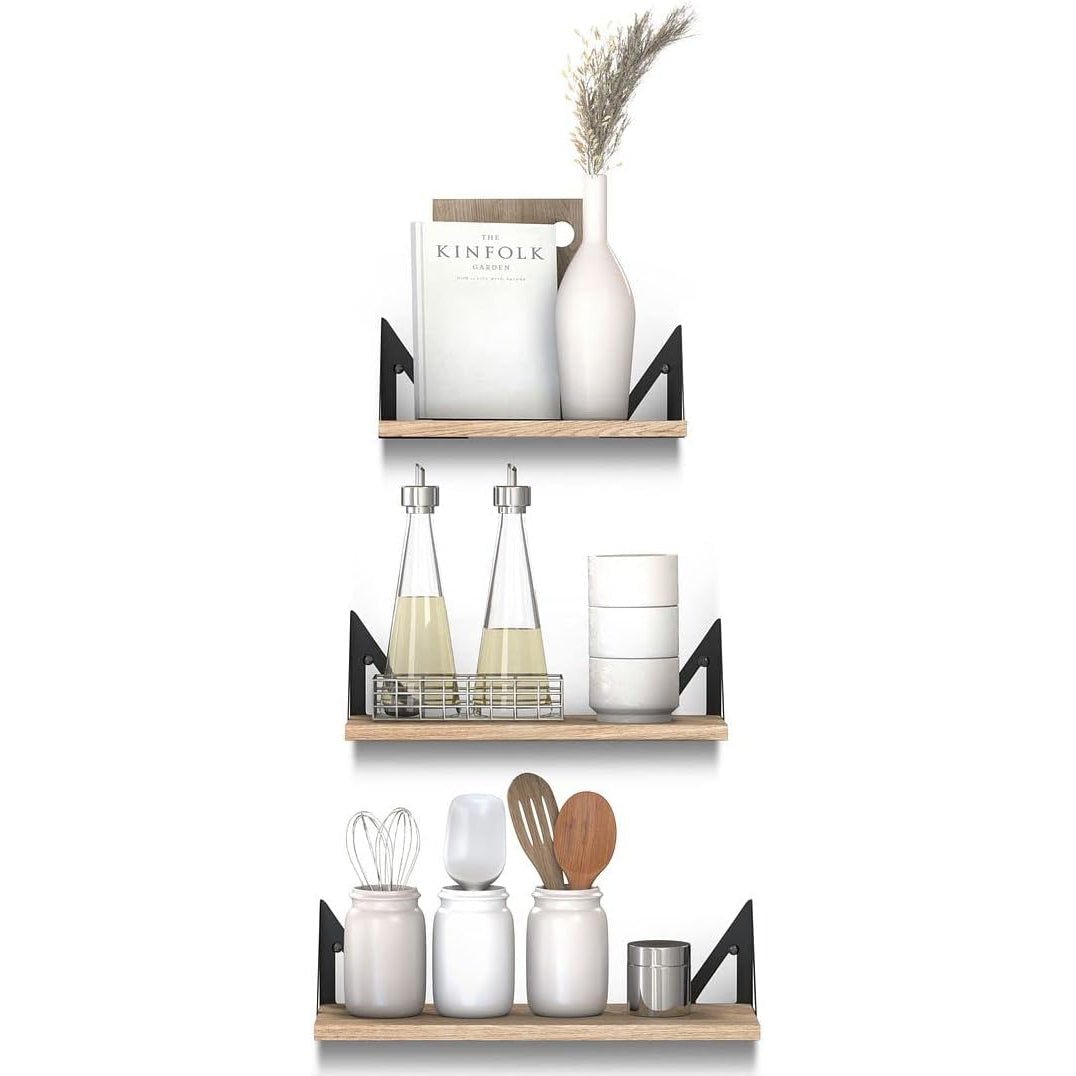 Rustic Wooden Wall Shelves for Home Decor and Organization - Set of 3