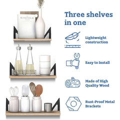 Rustic Wooden Wall Shelves for Home Decor and Organization - Set of 3