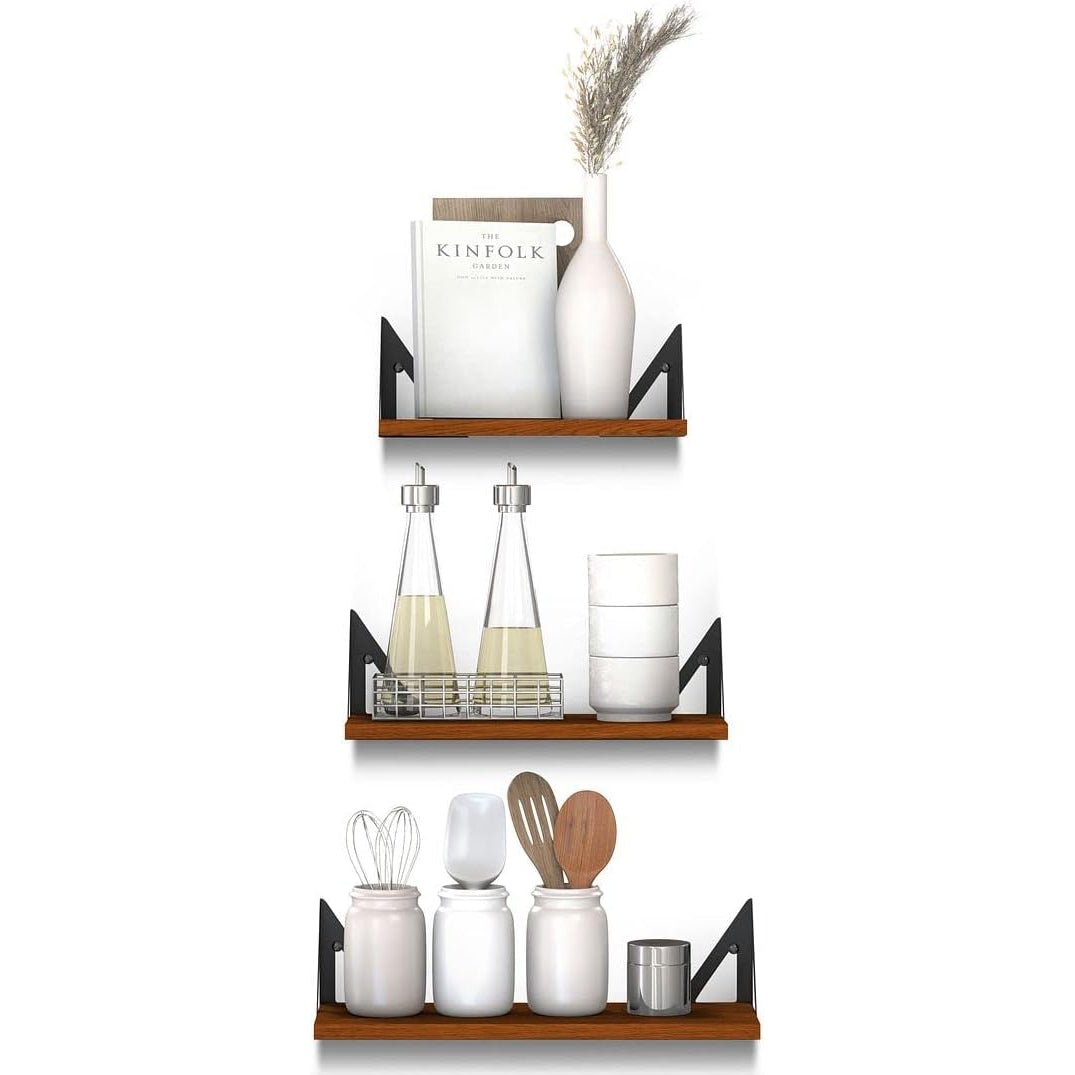 Rustic Wooden Wall Shelves for Home Decor and Organization - Set of 3