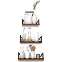 Rustic Wooden Wall Shelves for Home Decor and Organization - Set of 3