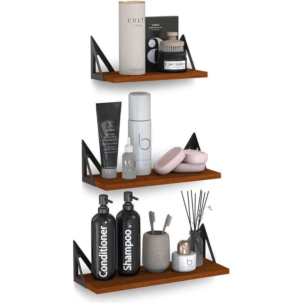 Rustic Wooden Wall Shelves for Home Decor and Organization - Set of 3
