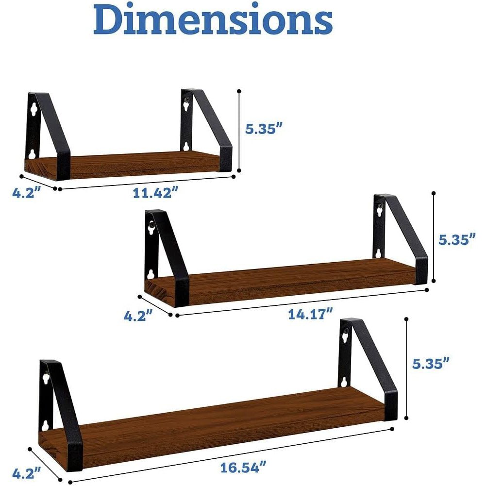 Set of 3 Vintage Halter Wall Mounted Floating Wood Shelves - Ideal for Living Room, Bedroom, and Kitchen
