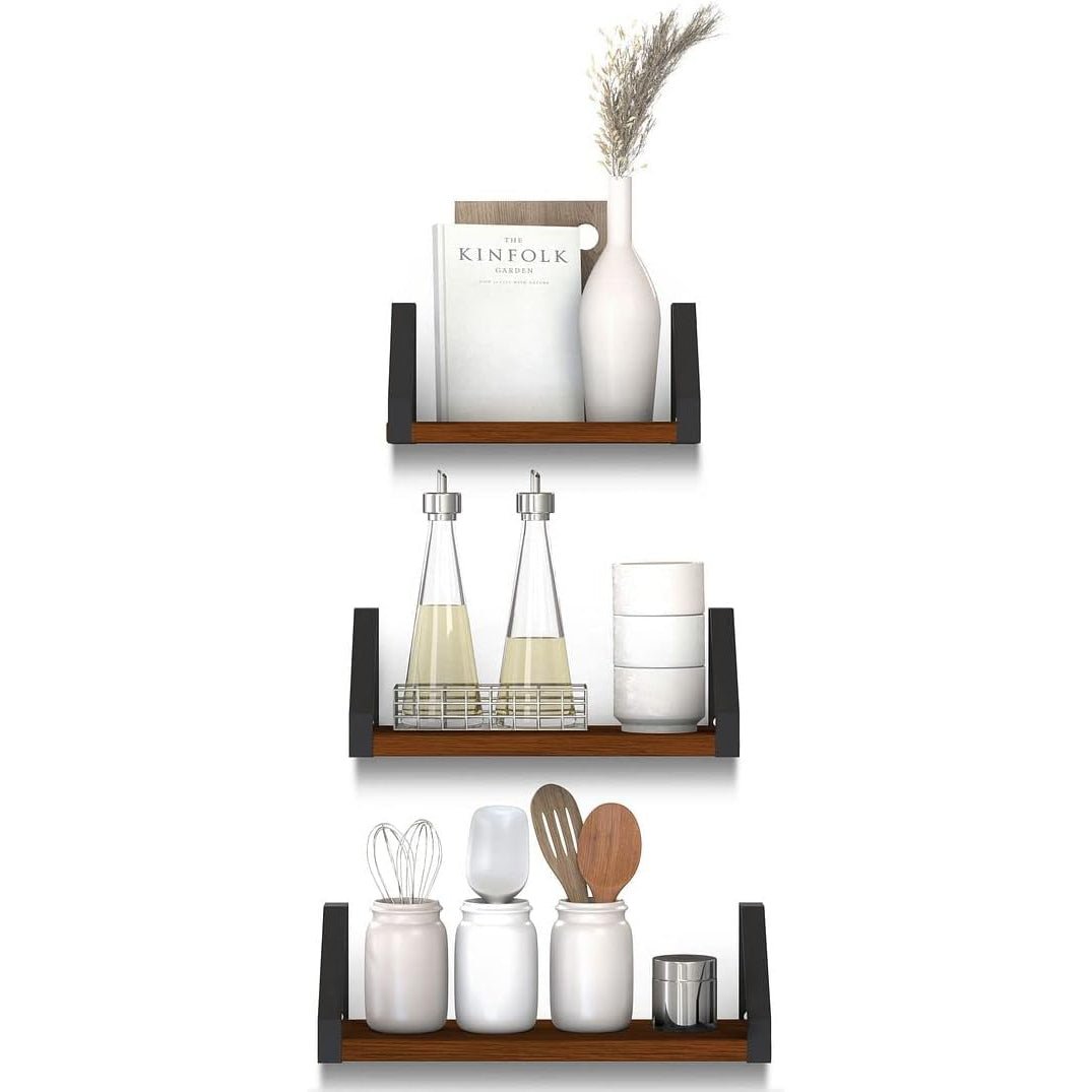 Set of 3 Vintage Halter Wall Mounted Floating Wood Shelves - Ideal for Living Room, Bedroom, and Kitchen