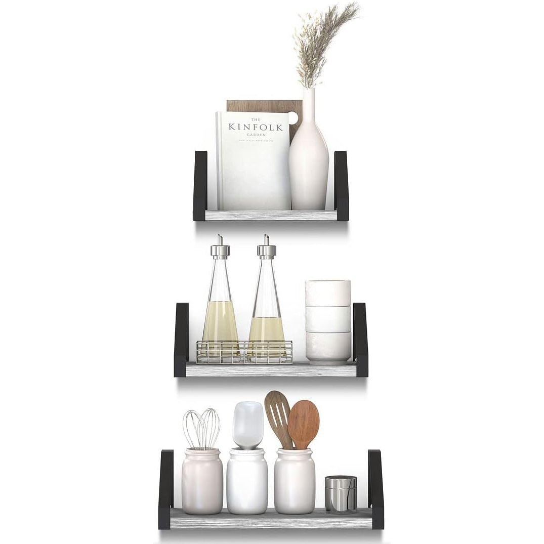 Set of 3 Vintage Halter Wall Mounted Floating Wood Shelves - Ideal for Living Room, Bedroom, and Kitchen