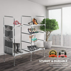 Shoe Rack Organizer - Stackable Entryway Closet Shoe Storage with Stainless Steel Frame, Holds up to 15 Pairs of Shoes