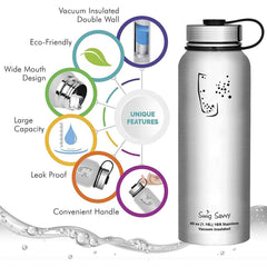 Stainless Steel Sports Water Bottle - 40oz, Vacuum Insulated, Double-Wall, Wide Mouth, Leakproof Lid