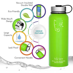 Stainless Steel Sports Water Bottle - 40oz, Vacuum Insulated, Double-Wall, Wide Mouth, Leakproof Lid