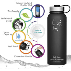 Stainless Steel Sports Water Bottle - 40oz, Vacuum Insulated, Double-Wall, Wide Mouth, Leakproof Lid