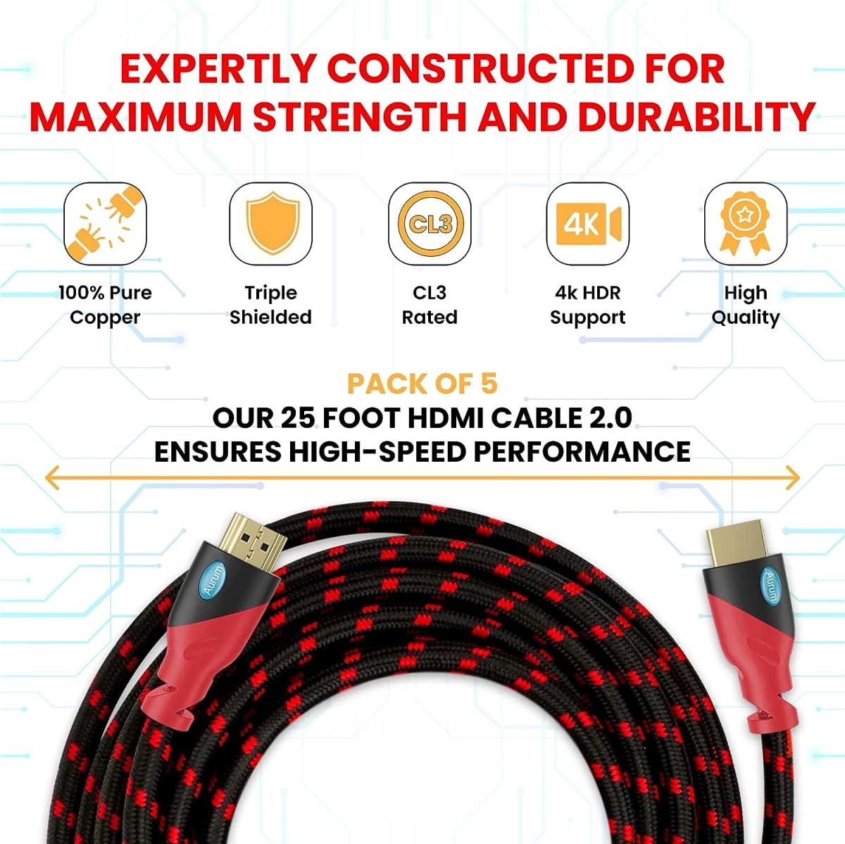 Ultra 4K HDMI Cable - High-Speed, Braided Cord for TV, Gaming, and More, 50 ft,White Black , 1 Pack