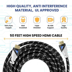 Ultra 4K HDMI Cable - High-Speed, Braided Cord for TV, Gaming, and More, 50 ft,White Black , 1 Pack